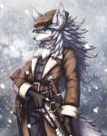  2018 anthro bad_trigger_discipline belt canine chest_tuft clothed clothing fate/grand_order fingerless_gloves fluffy fluffy_tail fully_clothed fur gloves grey_fur gun hair hat holding_object holding_weapon inner_ear_fluff knife long_hair looking_at_viewer male mammal outside patxi ranged_weapon snow solo standing tsu_ji tuft weapon white_fur 