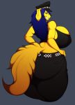  2018 absurd_res amy_&quot;river&quot;_lewis_(lildredre) anthro belt big_breasts big_butt blue_hair breasts brown_eyes butt canine cleavage clothed clothing digital_media_(artwork) dog female fur golden_retriever hair hat hi_res huge_breasts hyper hyper_breasts looking_at_viewer looking_back mammal side_boob simple_background smile solo standing superix thick_thighs tight_clothing voluptuous wide_hips 