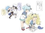  aka_ringo aqua_neckwear aqua_skirt black_legwear black_ribbon blonde_hair blue_eyes blue_hair blue_sailor_collar blue_shirt breast_pocket breasts brown_eyes brown_hair catfight collared_shirt daitou_(kantai_collection) depth_charge dixie_cup_hat double_bun dress full_body gambier_bay_(kantai_collection) gloves gradient_hair hairband hat hat_ribbon kantai_collection large_breasts long_sleeves military_hat miniskirt multicolored multicolored_clothes multicolored_gloves multicolored_hair multiple_girls neckerchief pantyhose pleated_skirt pocket ponytail ribbon sado_(kantai_collection) sailor_collar sailor_dress samuel_b._roberts_(kantai_collection) school_uniform serafuku shirt short_hair simple_background sitting skirt sleeve_cuffs smoke tearing_up thighhighs torn_clothes translated twintails wariza whale white_background white_hat white_legwear white_shirt 