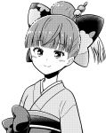  absurdres bangs blunt_bangs blush bow greyscale hair_bow hair_ornament hair_stick highres japanese_clothes kimono looking_at_viewer monochrome obi okou_(tsukumogami_kashimasu) sash smile solo tsukumogami_kashimasu ziburikito 