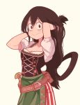  :&gt; adjusting_hair alternate_costume arms_behind_head asui_tsuyu belt black_eyes boku_no_hero_academia brown_hair dirndl frog_girl german_clothes hair_rings hair_tucking hands_in_hair highres long_hair looking_at_viewer low-tied_long_hair puffy_short_sleeves puffy_sleeves sally_(luna-arts) short_sleeves solo 