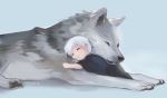  ambiguous_gender bedding black_nose blanket canine child cuddling digital_media_(artwork) duo eyes_closed feral fire_emblem fur grey_ears grey_fur hair henry_(fire_emblem) hug human larger_ambiguous lying male mammal nintendo on_front pawpads reddverse signature simple_background size_difference smaller_male smile video_games white_hair wolf young 