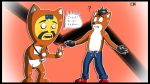  ? abstract_background activision bandicoot black_hair black_nose blue_pants blush clothed clothing cosplay crash_bandicoot crash_bandicoot_(series) dialogue duo english_text facial_hair fur furry_badge fursuit gloves hair human male mammal marsupial neo_cortex orange_fur pawpads red_shoes teeth text theunokcringe tongue topless video_games white_fur white_vignette 
