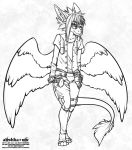  alishka angel_dragon anthro biped clothed clothing diaper english_text fully_clothed fur hair looking_at_viewer male monochrome pants shirt simple_background sketch standing text twixxel_minty url white_background wings 