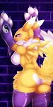  &lt;3 3_fingers anthro big_breasts big_butt biped black_claws black_sclera blue_eyes blush breasts butt butt_pose canine claws clothing digimon female fluffy fluffy_tail fur hands_above_head legwear looking_at_viewer looking_back mammal multicolored_fur ni3ls renamon rubber side_boob sleeves solo stockings thigh_highs two_tone_fur two_tone_tail voluptuous white_fur white_tail yellow_fur yellow_tail 