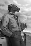  2018 5_fingers anthro clothed clothing day detailed_background digital_media_(artwork) greyscale holding_object male mammal monochrome outside pangolin solo wildering 