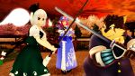  2018 3d_(artwork) anthro canine clothed clothing digital_media_(artwork) dog female ghost hair hairband holding_object holding_weapon human malicekira mammal melee_weapon moritaka ribbons scar short_hair silver_hair spirit standing sword swordfight tokyo_afterschool_summoners touhou weapon youmu_konpaku yuyuko_saigyouji 