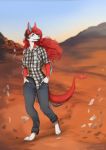  2018 4_toes 5_fingers anthro barefoot blue_eyes blue_nose day detailed_background digital_media_(artwork) digitigrade female hair hybrid lycangel outside red_hair sky smile solo toes 