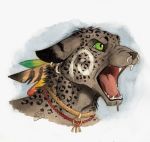  0laffson 2018 anthro black_lips black_nose feline fur green_eyes leopard mammal markings open_mouth spots spotted_fur teeth tongue traditional_media_(artwork) tribal 