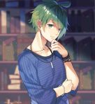  amami_rantarou blue_shirt blurry blurry_background bookshelf bracelet collarbone danganronpa dust_particles green_eyes green_hair hair_between_eyes jewelry looking_at_viewer male_focus necklace new_danganronpa_v3 shiny shiny_hair shirt short_hair solo striped striped_shirt upper_body yuraiko 