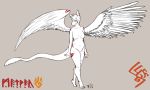  4_fingers 4_toes anthro belkin_(species) biped breasts chronicles_of_augataur eyes_closed feathered_wings feathers featureless_breasts featureless_crotch female fur grey_background long_tail mammal markings metreu metreu_(character) navel nude red_markings simple_background solo standing thick_tail toes white_feathers white_fur white_tail white_wings wings 