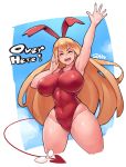  1girl blonde_hair breasts curvy disgaea eyes_closed flonne huge_breasts leotard long_hair one-piece_swimsuit open_mouth smile solo swimsuit thick_thighs thighs wide_hips zako_(arvinry) 