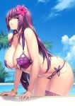  1girl alternate_costume arm_support bangle bangs bikini blue_sky blurry bracelet breasts brown_eyes chains cleavage closed_mouth cloud cloudy_sky collarbone commentary_request curvyscathach_(swimsuit_assassin)_(fate) day depth_of_field eyebrows_visible_through_hair fate/grand_order fate_(series) flower garters hair_between_eyes hair_flower hair_ornament hakai_shin hibiscus highres huge_breasts jewelry large_breasts leaning_forward long_hair looking_at_viewer navel outdoors palm_tree pool purple_bikini purple_hair purple_sarong red_eyes sarong scathach_(fate)_(all) scathach_(fate/grand_order) scathach_(swimsuit_assassin)_(fate) skindentation sky smile solo standing swimsuit tree very_long_hair water wet 