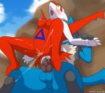  anal anal_penetration animal_genitalia animal_penis anthro anthro_on_anthro anthrofied balls blush breasts canine_penis clenched_teeth cum cum_in_ass cum_inside duo ejaculation erection female hands-free hi_res interspecies knot latias legendary_pok&eacute;mon lucario male male/female male_penetrating nintendo nipples orgasm penetration penis pok&eacute;mon pok&eacute;mon_(species) pussy pussy_ejaculation pussy_juice sex signature teeth video_games winick-lim 