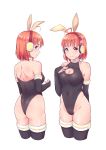  ahoge animal_ears arm_behind_back ass back bangs black_legwear black_leotard breasts bridal_gauntlets bunny_ears cameltoe cleavage cleavage_cutout clenched_hand collarbone covered_navel cropped_legs fake_animal_ears flower groin halterneck hand_on_own_chest headset highleg highleg_leotard highres kanabun leotard looking_at_viewer looking_back love_live! love_live!_sunshine!! medium_breasts multiple_views orange_hair red_eyes short_hair shoulder_blades simple_background smile takami_chika thighhighs white_background 