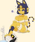  &lt;3 &lt;3_eyes 2018 :&lt; animal_crossing ankha_(animal_crossing) anthro bandage blue_hair blush breasts canine cat dog duo egyptian eyeshadow feet feline female hair hi_res jinu lucky_(animal_crossing) makeup mammal nintendo short_hair short_stack simple_background thumbs_up video_games wraps 