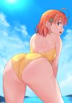  ahoge ass ass_focus back bent_over clover_hair_ornament day four-leaf_clover_hair_ornament hair_ornament highres kanabun looking_back love_live! love_live!_sunshine!! one-piece_swimsuit open_mouth orange_hair outdoors red_eyes short_hair solo swimsuit takami_chika upper_teeth yellow_swimsuit 