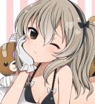  :3 arm_support bandages bandaid bangs black_bra black_legwear boko_(girls_und_panzer) bow bow_bra bra breasts brown_eyes chin_rest commentary_request girls_und_panzer gloves hair_ribbon heart lace lace-trimmed_bra light_brown_hair long_hair looking_at_viewer lying on_stomach one_eye_closed pink_background ribbon ruruepa shimada_arisu side_ponytail small_breasts smile solo striped striped_background stuffed_animal stuffed_toy teddy_bear underwear underwear_only vertical-striped_background vertical_stripes white_gloves 