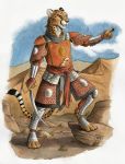  0laffson 2018 4_toes 5_fingers anthro armor barefoot cheetah digitigrade ear_piercing feline fur holding_object holding_weapon mammal melee_weapon piercing solo spots spotted_fur standing sword toes traditional_media_(artwork) weapon 
