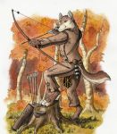  0laffson 2018 4_toes 5_fingers anthro arrow barefoot black_nose bow brown_eyes brown_fur canine clothed clothing digitigrade fur holding_object holding_weapon mammal smile toes traditional_media_(artwork) weapon wolf 