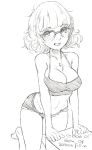  :d absurdres bangs barefoot blush box breasts demstouts english glasses highres jewelry large_breasts looking_at_viewer marine_(re:creators) monochrome navel necklace open_mouth re:creators short_hair short_shorts shorts sketch smile solo traditional_media 