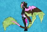  angel_dragon anthro belt biped clothed clothing diaper eyewear fully_clothed fur glasses hair looking_at_viewer looking_back male multicolored_hair pants shirt simple_background standing twixxel_minty unknown_artist wings 