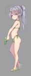  bikini braid breasts full_body green_bikini grey_background grey_eyes grey_hair hoshi_shouko idolmaster idolmaster_cinderella_girls long_hair open_toe_shoes panbai parted_lips ponytail side-tie_bikini side_braid simple_background single_braid small_breasts solo standing swimsuit water_gun 