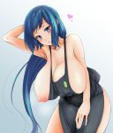  apron blue_eyes blue_hair blush breasts gundam gundam_build_fighters hanging_breasts haro_button_badge huge_breasts iori_rinko johnny_(from_scratch) lactation lactation_through_clothes leaning_forward long_hair looking_at_viewer naked_apron nipples solo 
