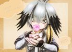  bangs black_gloves black_hair breast_pocket closed_mouth collared_shirt commentary_request eyebrows_visible_through_hair fingerless_gloves flower gloves grey_hair grey_neckwear grey_shirt hair_between_eyes hands_together hands_up highres holding holding_flower kemono_friends long_hair long_sleeves looking_at_viewer low_ponytail multicolored_hair necktie orange_hair pink_flower pink_rose pocket rose shirt shoebill_(kemono_friends) short_over_long_sleeves short_sleeves side_ponytail smile solo stealstitaniums translated upper_body yellow_eyes 