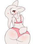  2018 angel_(napdust) anthro big_butt biped blush bra brown_eyes butt clothed clothing digital_drawing_(artwork) digital_media_(artwork) female fur hair hi_res lagomorph lingerie looking_at_viewer looking_back mammal napdust open_mouth panties rabbit simple_background smile solo standing tongue underwear white_fur wide_hips 