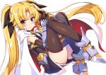  absurdres armored_boots black_bow black_gloves black_sleeves blonde_hair blush boots bow cape elbow_gloves eyebrows_visible_through_hair fate_testarossa floating_hair gloves hair_bow hands_together highres long_hair looking_at_viewer lyrical_nanoha mahou_shoujo_lyrical_nanoha mahou_shoujo_lyrical_nanoha_a's mahou_shoujo_lyrical_nanoha_the_movie_2nd_a's raiou red_eyes shiny shiny_hair short_sleeves simple_background sitting smile solo very_long_hair white_background white_cape 
