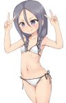 &gt;:) arms_up bangs bare_arms bare_shoulders bikini blush braid closed_mouth collarbone cowboy_shot double_v fingernails hair_between_eyes hair_over_shoulder highres long_hair looking_at_viewer low_twintails navel parted_bangs purple_eyes purple_hair senpai_(shougi-senpai) shougi-senpai side-tie_bikini simple_background smile solo standing sweat swimsuit twin_braids twintails v v-shaped_eyebrows wavy_mouth white_background white_bikini yakihebi 