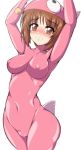  anglerfish_costume arms_up bangs blush bodysuit breasts brown_eyes brown_hair covered_navel covered_nipples eyebrows_visible_through_hair fish_costume girls_und_panzer haniwa_dogu impossible_bodysuit impossible_clothes medium_breasts nishizumi_miho pink_bodysuit short_hair simple_background skin_tight solo white_background 