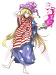  adjusting_clothes adjusting_hat american_flag barefoot bell blonde_hair clownpiece commentary crazy_eyes crazy_smile fairy_wings fire hat jester_cap kan_(aaaaari35) pink_eyes purple_fire sharp_teeth statue_of_liberty teeth torch touhou white_background wings 