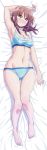  absurdres arm_above_head ass_visible_through_thighs bare_legs barefoot bed_sheet bikini blue_bikini blush breasts brown_eyes brown_hair cleavage dakimakura eyebrows_visible_through_hair from_above full_body hand_in_hair harukana_receive highres incredibly_absurdres looking_at_viewer lying medium_breasts navel official_art on_back oozora_haruka_(harukana_receive) shiny shiny_skin smile solo swimsuit 