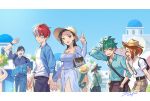  5boys :d animal_head asui_tsuyu backpack bag bird black_hair blue_eyes blue_sky boku_no_hero_academia breasts brown_eyes brown_hair building burn_scar closed_eyes commentary_request dated day earrings glasses greece green_hair handbag hat heterochromia holding_hands iida_tenya jewelry johnny_koala large_breasts letterboxed long_hair looking_at_viewer messy_hair midoriya_izuku multicolored_hair multiple_boys multiple_girls necklace ojiro_mashirao open_mouth outdoors red_hair scar short_hair side_slit signature skirt sky smile sun_hat tail tied_hair todoroki_shouto tokoyami_fumikage two-tone_hair uraraka_ochako white_hair yaoyorozu_momo 