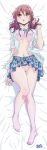  absurdres bare_legs barefoot bed_sheet bow bowtie bra breasts brown_eyes brown_hair dakimakura eyebrows_visible_through_hair from_above full_body hand_in_hair harukana_receive highres incredibly_absurdres looking_at_viewer lying medium_breasts navel official_art on_back oozora_haruka_(harukana_receive) open_clothes open_mouth open_shirt panties pink_bra pink_panties ribbon school_uniform solo underwear 