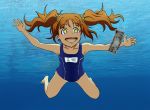  +_+ 1girl album_cover bangs barefoot blue_eyes blue_swimsuit blush breasts brown_hair competition_school_swimsuit cover eyebrows_visible_through_hair fishing_hook fishing_line hair_bobbles hair_ornament hajisarashi_(kobato09) idolmaster idolmaster_(classic) kontenporariinamezaship money name_tag nevermind nirvana_(band) parody school_swimsuit small_breasts solo swimming swimsuit takatsuki_yayoi twintails underwater 