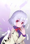  blush bow collared_dress commentary_request dress feathered_wings jacket kishin_sagume looking_at_viewer purple_dress red_bow red_eyes shirt short_hair silver_hair single_wing solo touhou white_jacket white_wings wings yuujin_(mhhnp306) 