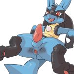  2018 3_fingers 3_toes animal_genitalia animal_penis anus balls black_fur blue_fur canine canine_penis erection fangs fur kesu_pu knot leaking looking_at_penis lucario male mammal nintendo open_mouth penis pok&eacute;mon pok&eacute;mon_(species) pu_sukebe reclining red_eyes simple_background solo tan_fur toes tongue tongue_out video_games white_background ケスープ 