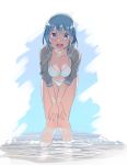 :d bikini blue_eyes blue_hair breasts cleavage commentary hands_on_own_knees hood hooded_jacket jacket jacket_over_swimsuit large_breasts leaning_forward legs looking_at_viewer mahou_shoujo_madoka_magica miki_sayaka momoko_(palemon) open_mouth smile solo swimsuit symbol_commentary wading water 