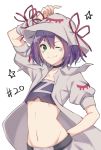  ;) arm_up black_choker choker commentary_request crop_top facial_mark green_eyes groin hair_between_eyes hat highres horizontal_pupils jacket looking_at_viewer merry_nightmare midriff navel one_eye_closed puffy_short_sleeves puffy_sleeves purple_hair short_hair short_sleeves simple_background smile solo white_background yumekui_merry yupinaccho 