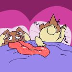  2018 after_sex ambiguous_gender andorus_(artist) anthro anthrofied bed bedding bedroom big_tongue blanket clothed clothing dragon_ball dragon_ball_z hair lagomorph leporine long_ears long_tongue lopunny male mammal nintendo nude pillow pok&eacute;mon pok&eacute;mon_(species) primate rabbit saiyan saliva simian tongue topless video_games what what_has_science_done 