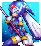  android blue_background blue_eyes blush bubble capcom commentary_request dakusuta detached_sleeves gloves helmet highres holding holding_staff leaning_forward leviathan_(rockman) outside_border rockman rockman_zero smile solo staff thighhighs tongue tongue_out white_gloves 