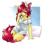  2018 aged_up amber_eyes ambris anthro anthrofied apple_bloom_(mlp) awake blush bow clothing cutie_mark earth_pony equine female friendship_is_magic hi_res horse mammal my_little_pony one_eye_closed pillow pony shirt solo 