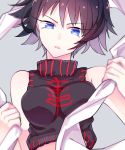  bangs bare_arms bare_shoulders black_hair blue_eyes breasts chinese_clothes crop_top grey_background hagoromo head_tilt highres houshin_engi impossible_clothes long_eyelashes maron_my1112t-hu ou_kijin shawl short_hair simple_background solo turtleneck 