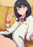  :o bangs black_hair black_skirt blue_eyes bow cardigan collared_shirt couch eyebrows_visible_through_hair highres long_hair long_sleeves looking_at_viewer miniskirt negija pleated_skirt red_bow school_uniform scrunchie shirt sitting skirt solo ssss.gridman takarada_rikka thighs white_cardigan white_shirt wrist_scrunchie 