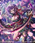  armor artist_name bangs black_gloves blunt_bangs breasts cherry_blossoms copyright_name fingerless_gloves fringe_trim gloves green_eyes hair_ornament holding holding_sword holding_weapon japanese_armor japanese_clothes katana kimono large_breasts leaning_forward leg_up long_hair multiple_girls n_kamui obi official_art original ponytail purple_hair samurai sash sengoku_saga shoulder_armor sky smile sode solo_focus sword weapon 