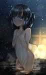  asashio_(kantai_collection) bangs bare_shoulders bathing black_hair blue_eyes blurry blush breasts closed_mouth collarbone comah commentary_request covered_navel depth_of_field eyebrows_visible_through_hair folded_ponytail groin hair_up highres kantai_collection light_particles long_hair naked_towel onsen outdoors rock sidelocks snowing standing steam swept_bangs towel wading water wet white_towel 