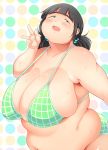  1girl belly black_eyes black_hair blush breasts cleavage fat huge_breasts obese open_mouth shimejix smile solo sweat swimsuit v 